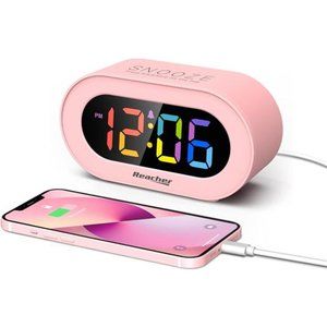 Pink Girls Alarm Clock, Dimmable Colorful LED Digital Display, USB Phone Charger